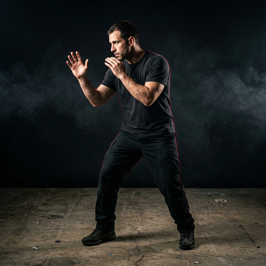 Pratiquant de Krav Maga en garde, mains nues